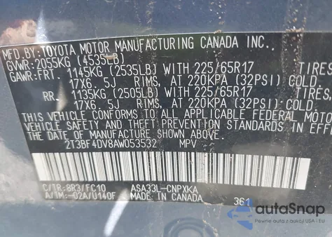 2010 Toyota Rav4 from USA, damaged, VIN 2T3BF4DV8AW053532